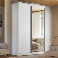 Guarda-Roupa Casal com Espelho 2 Portas de Correr e 3 Gavetas 100% MDF London Branco Branco/Amendola