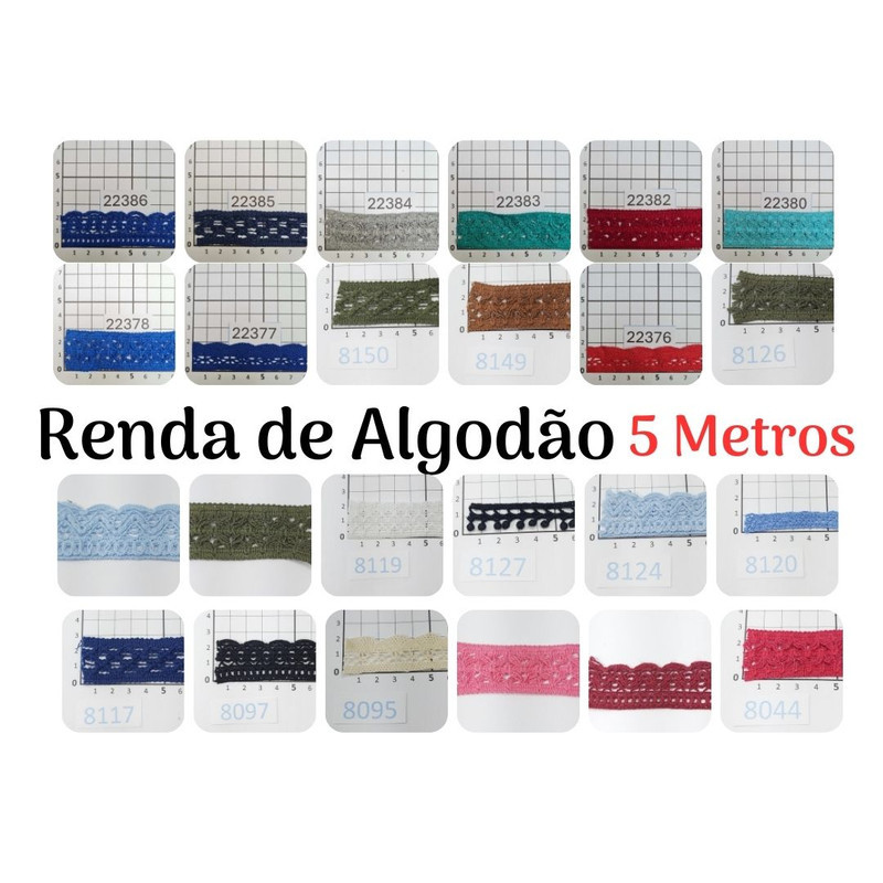 5m Renda Algodão 1cm, 1,5cm 2cm 2,2cm 2,5cm 2,7cm 2,8cm vermelho preto azul confecção vestido acabamentos RA2-5m