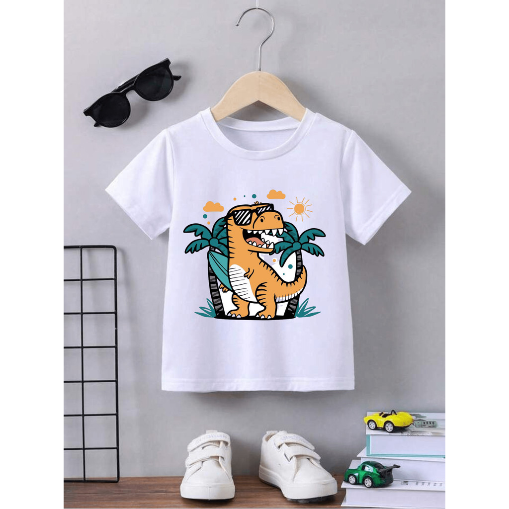 Camiseta Infantil Meninos e Meninas Era dos Dinossauros Praia Camisa 100% Algodão