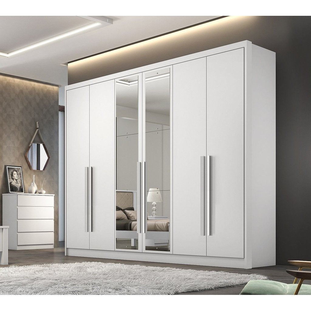 Guarda Roupa Casal MDF 6 Portas 6 Gavetas com Espelho Reno Branco em Oferta na Shopee
