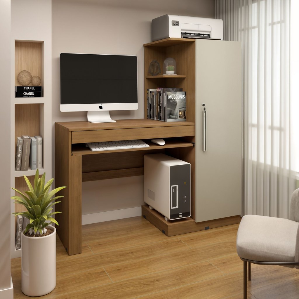 Mesa para Computador Escrivaninha com 130cm Armário Office Cinamomo/Off White em Oferta na Shopee