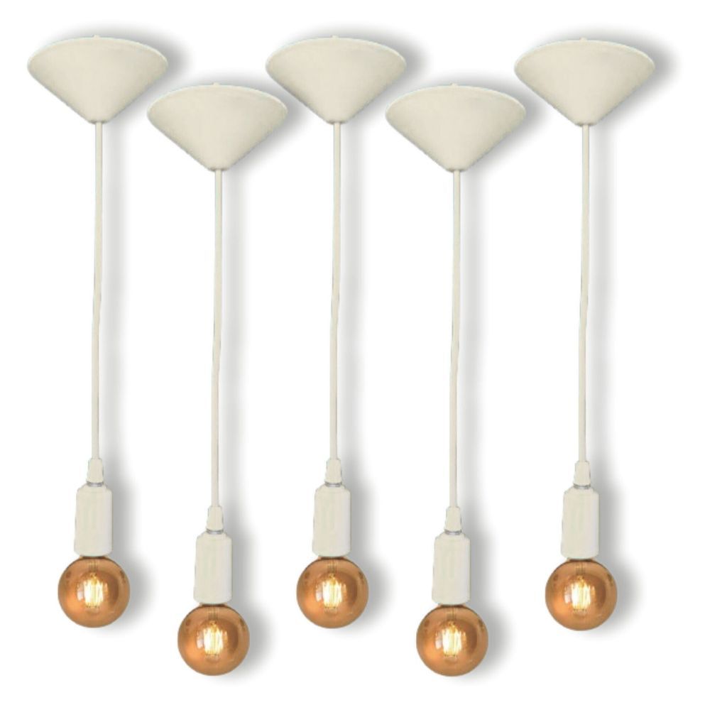 Kit 5 Fio Pendente Lustre Luminária de Teto Retrô Soquete Liso E27 Cabo PP Branco 1mt
