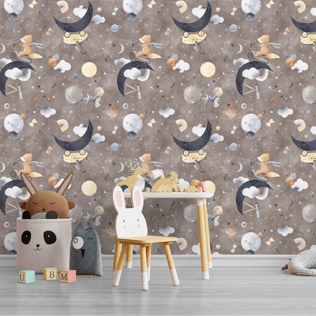 Papel de Parede Infantil Aquarela Espaço Raposa e Coelho | Quarto de Bebê Auto Adesivo Decorativo Lua e Estrelas