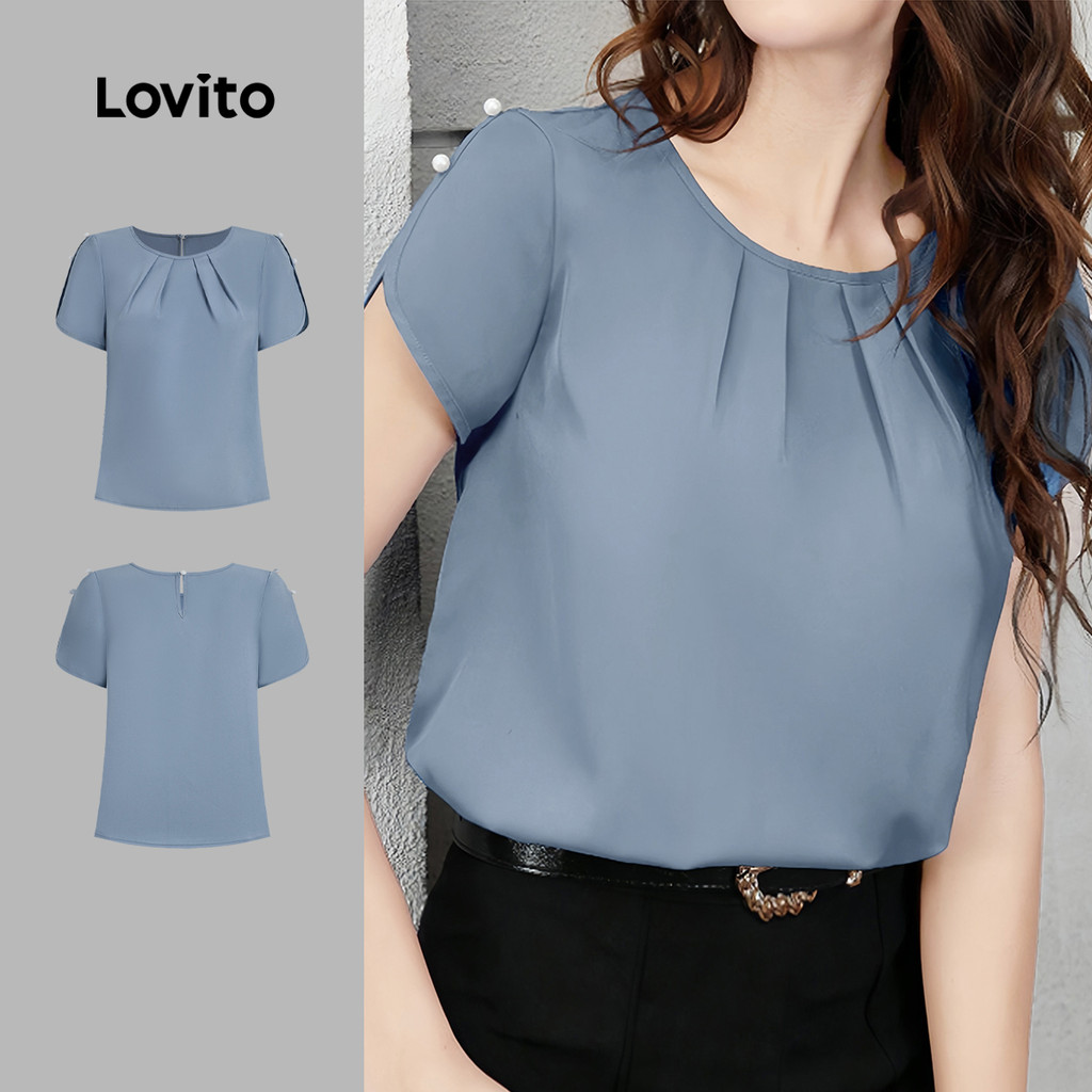 Lovito Blusa Casual Clássica E Versátil Com Babados Azul Para Mulheres Ideal Para a Primavera/verão L154ED253 em Oferta na Shopee