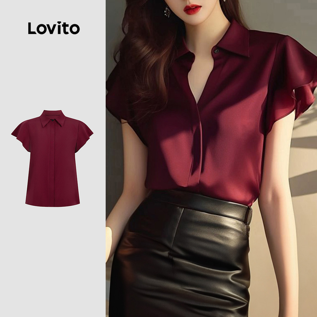 Lovito Blusa Elegante com Botões Na Frente Babado Ideal para O Dia a Dia Primavera/verão Vinho tinto L155ED036 em Oferta na Shopee
