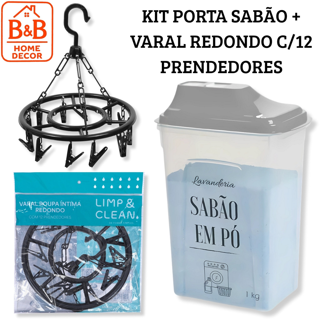 Kit Organização Lavanderia: Porta Sabão com Dispenser + Varal Roupa Íntima Redondo 12 Prendedores