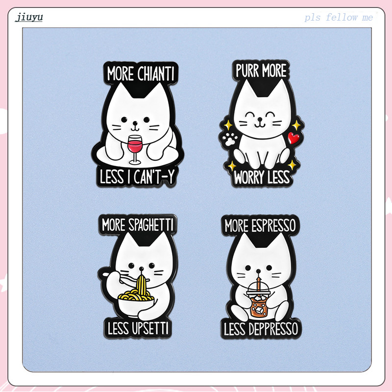 Gato Branco Vinho Tinto Esmalte Pino Purr Mais Preocupação Menos Broche Bonito Animal Crachá Acessórios Presente