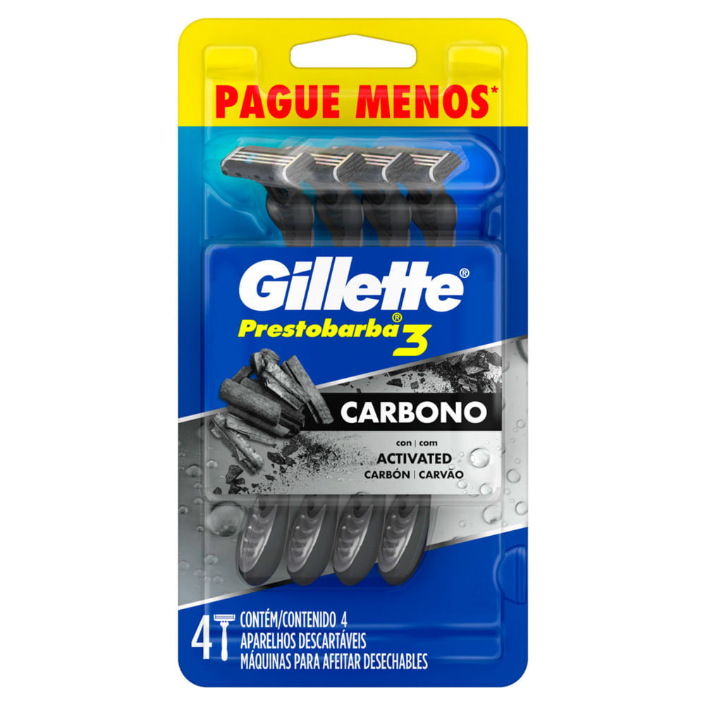 Aparelho de Barbear Descartável Gillette Prestobarba3 Carbono Carvão Ativado 4 Unidades