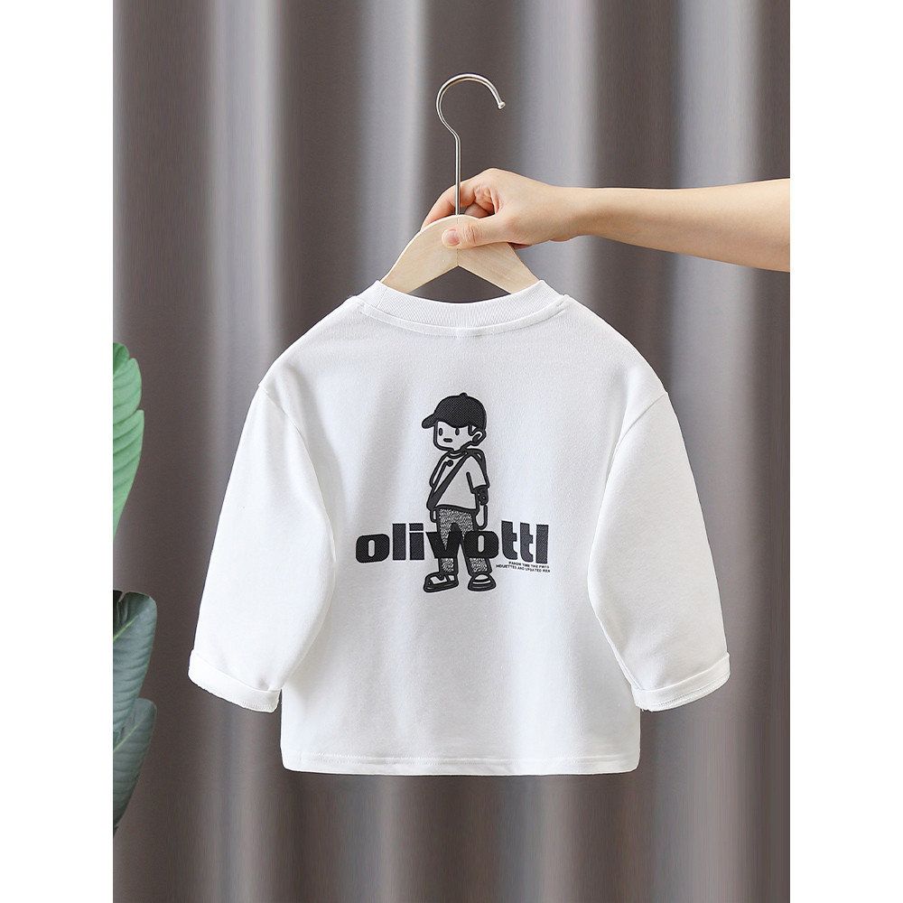 Meninos camiseta branca primavera outono estilo 2026 novo estilo crianças de manga comprida impresso topo bebê primavera