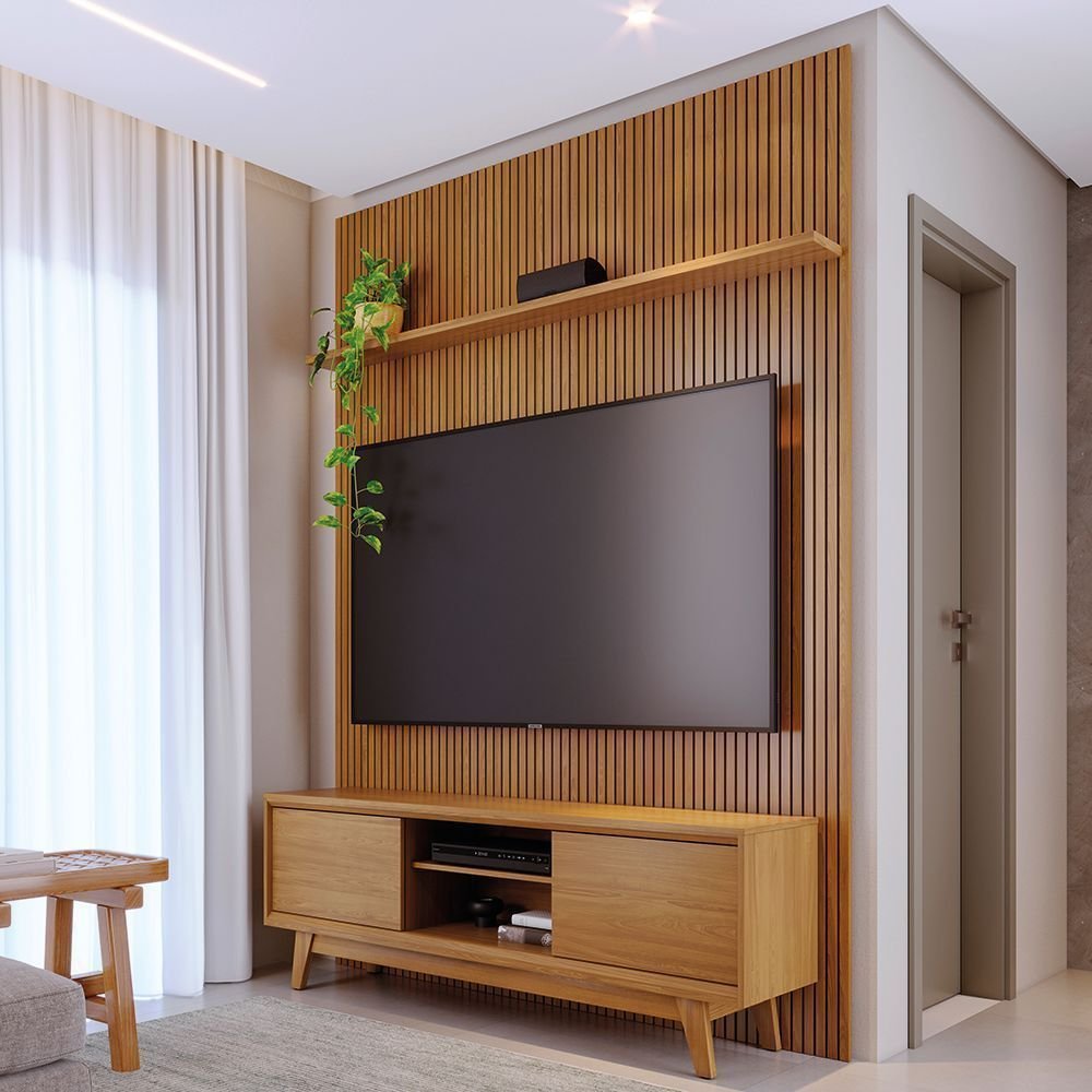 Rack com Painel para TV até 65 Polegadas MDF 179CMX303CM Frisado Milo Marrom Cumaru