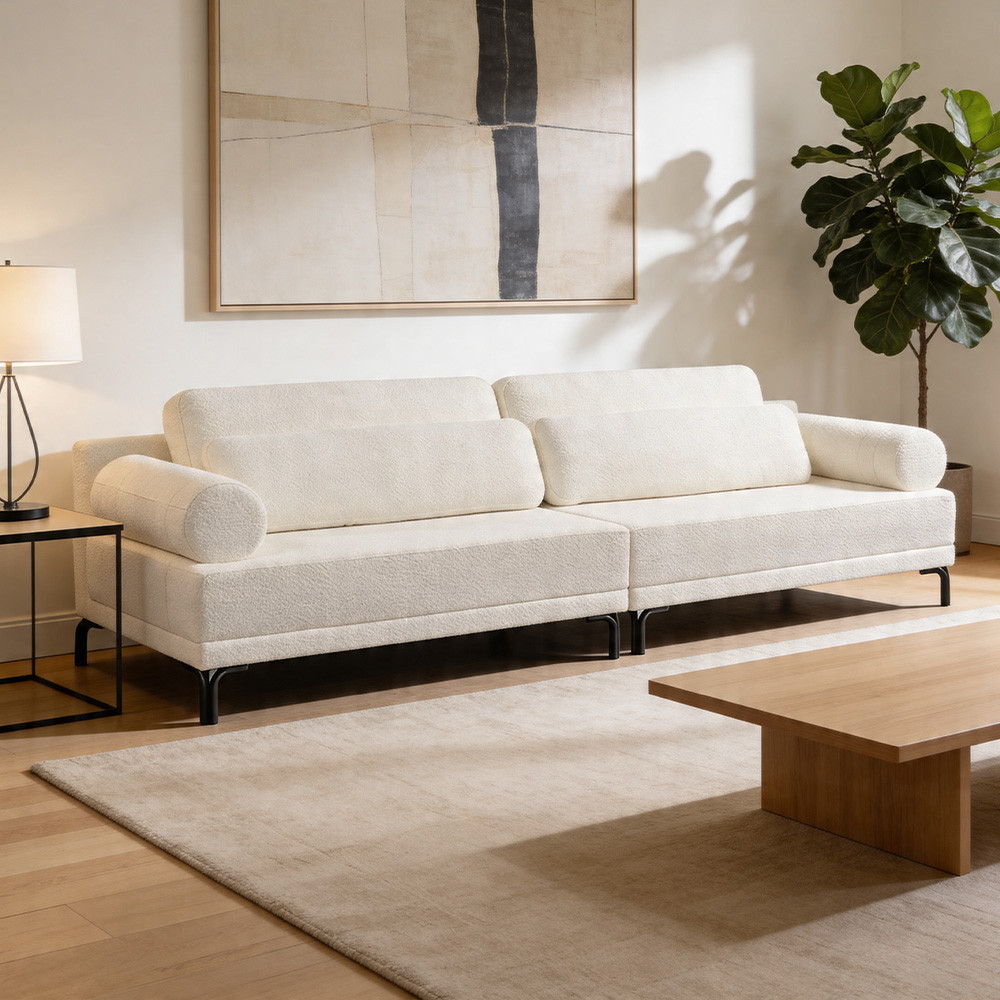 Sofá 3 Lugares Para Sala Living Pés Metálicos 254cm Mondo K01 Bouclê Creme - Lyam Decor