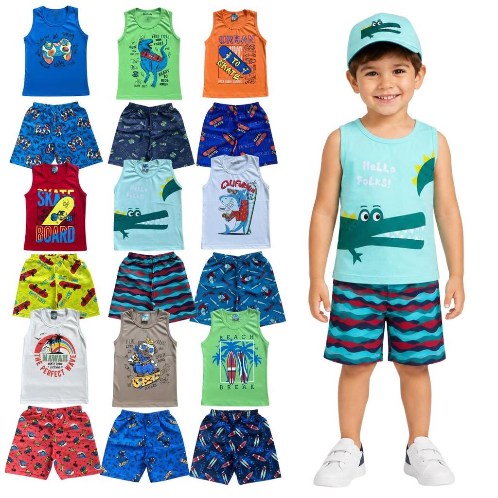 Kit 4 Peças de Regatas 2 Conjuntos para Meninos Infantil Masculino Roupa de Bebe Verão Estampado em Algodão para Calor