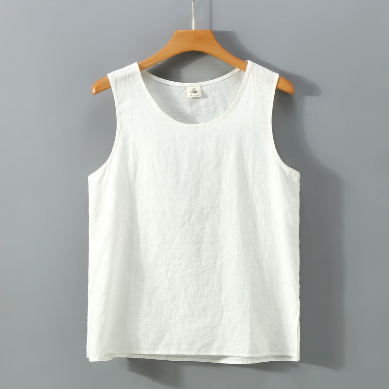 Camiseta masculina de linho puro sem mangas, camiseta branca de linho, novo estilo chinês retrô chinês, camiseta de linh