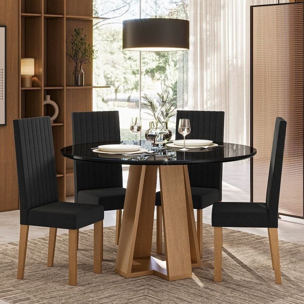 Sala de Jantar Estilo Red Vidro com 4 Cadeiras Nice Preto/Mel Mel/Preto
