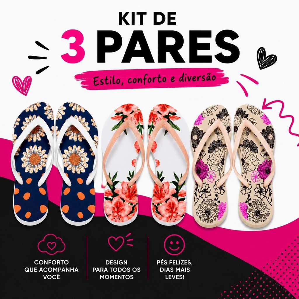 Kit 3 Chinelos Feminino Variados Estampados Confortáveis Estilosos Antiderrapante - Envio Imediato