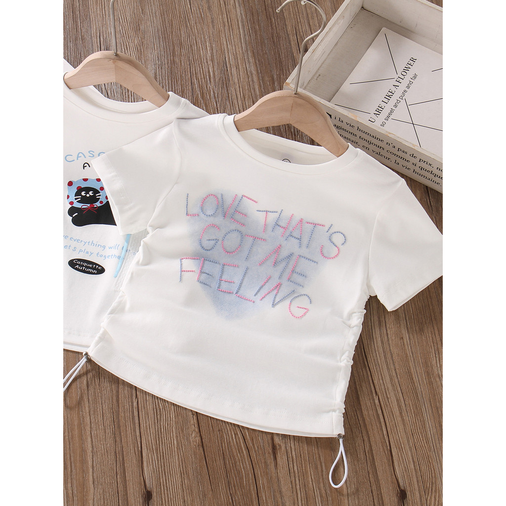Meninas de manga curta camiseta estilo fino verão puro algodão crianças estilo coreano High-End sentido camiseta meninas