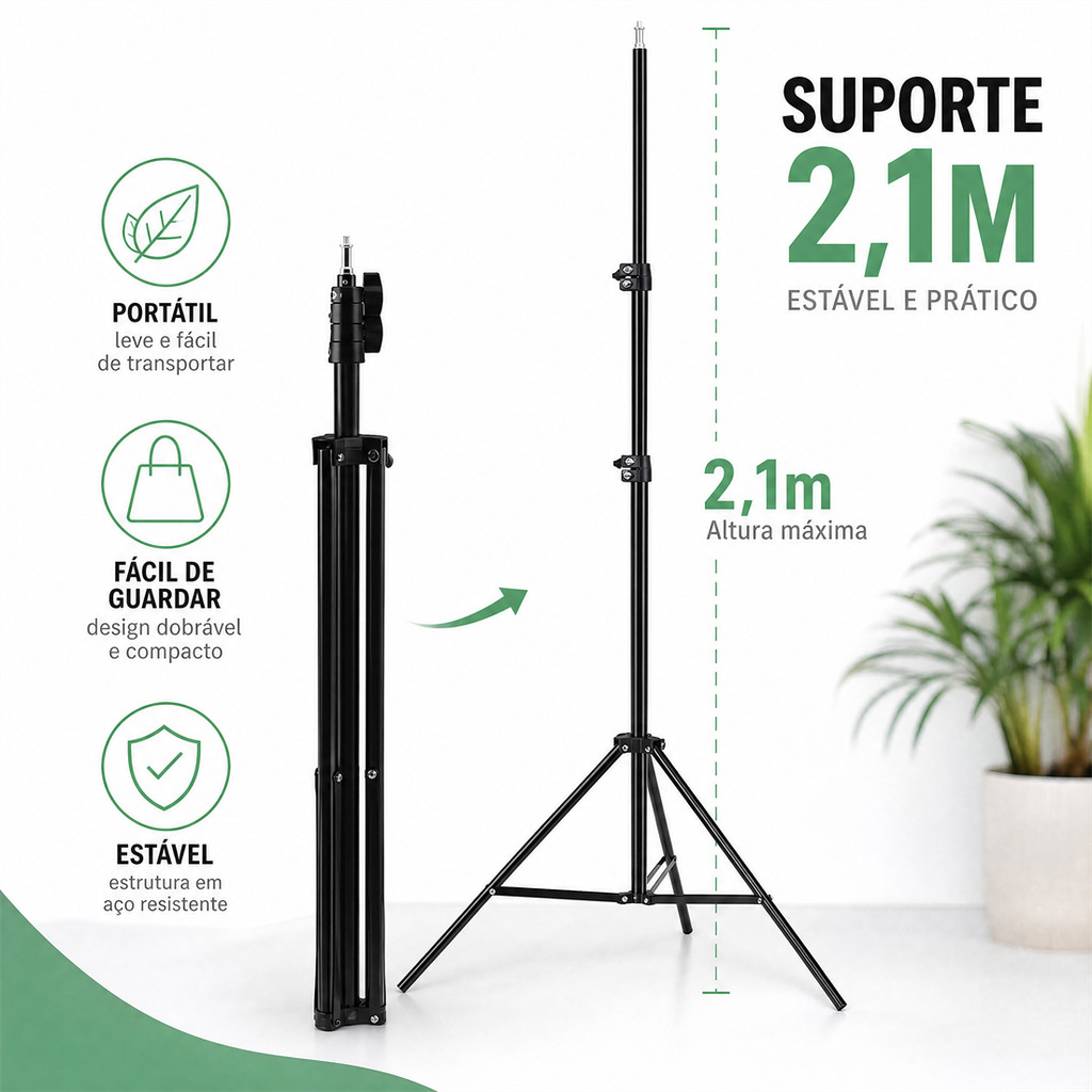 Tripé para transmissão ao vivo com 2,1 m e bastão para selfie.Suporte extensível para celular com estrutura de suporte