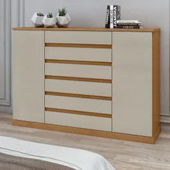 Cômoda 2 Portas 7 Gavetas com Chave e Prateleiras Vedra Bege Amêndoa Clean/Off White Amêndoa Clean/Off White