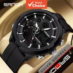 Sanda 9053 Relógio Masculino Com Display Duplo , Alarme Luminoso , À Prova D'água , Aço Inoxidável , Presente Esportivo