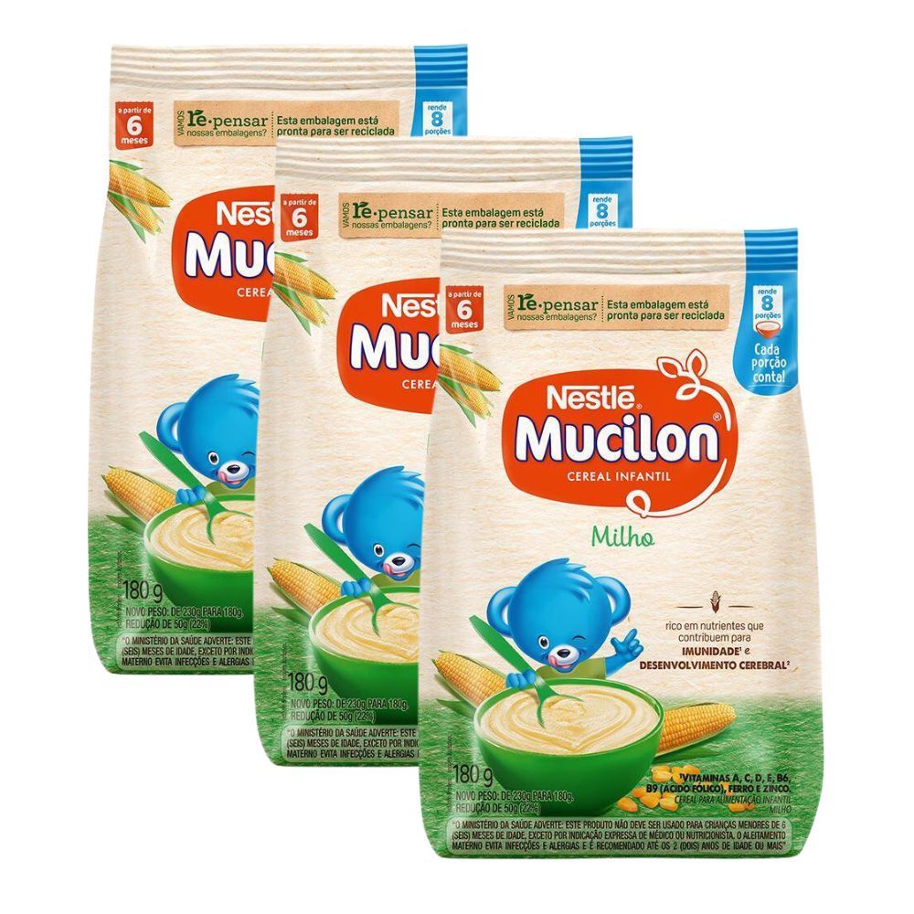 Kit 3 Mucilon Milho Cereal Infantil Sachê 180g