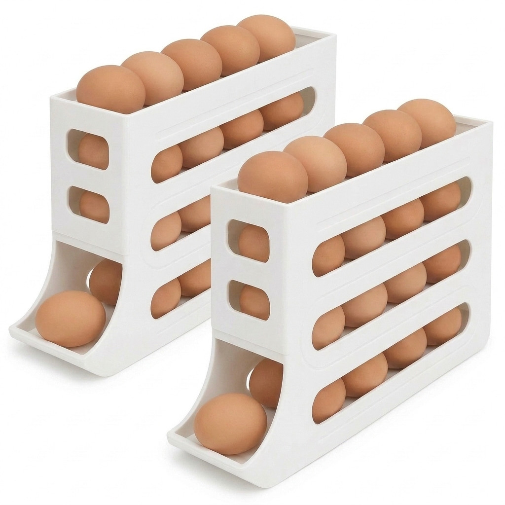 Kit 2 Porta Ovos Organizador de Geladeira 4 Andares Rolante Dispenser Automático Bandeja Cozinha Plástico 30 Ovos
