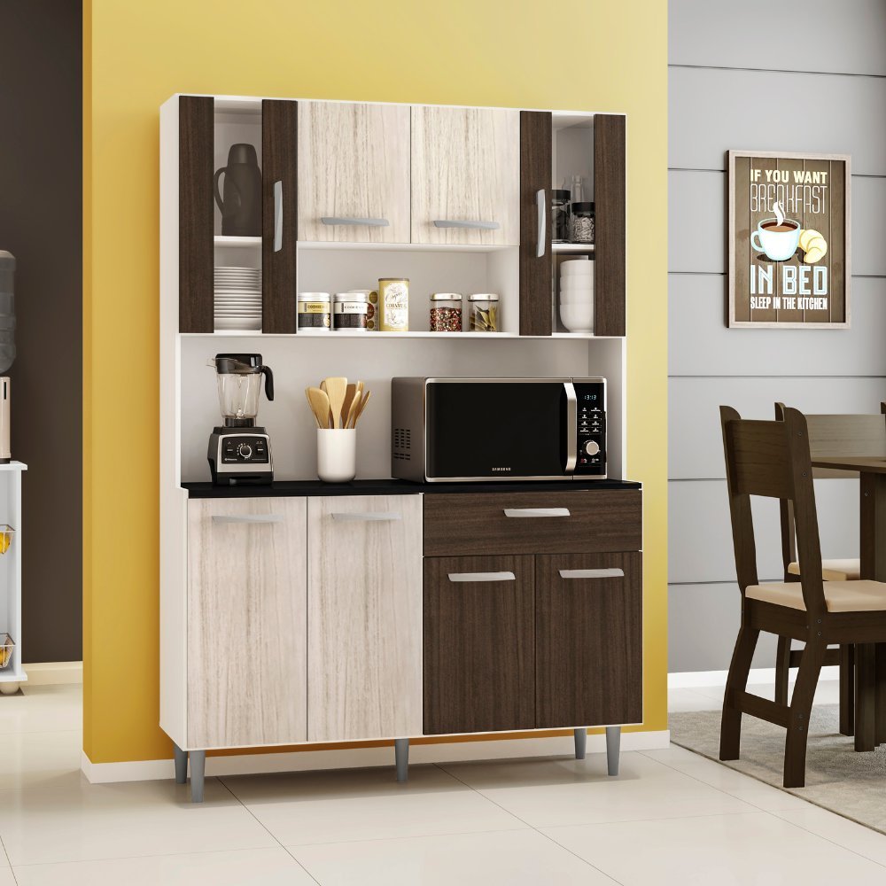Armário de Cozinha 8 Portas 1 Gaveta Gabi Branco Branco/Rovere/Amêndoa
