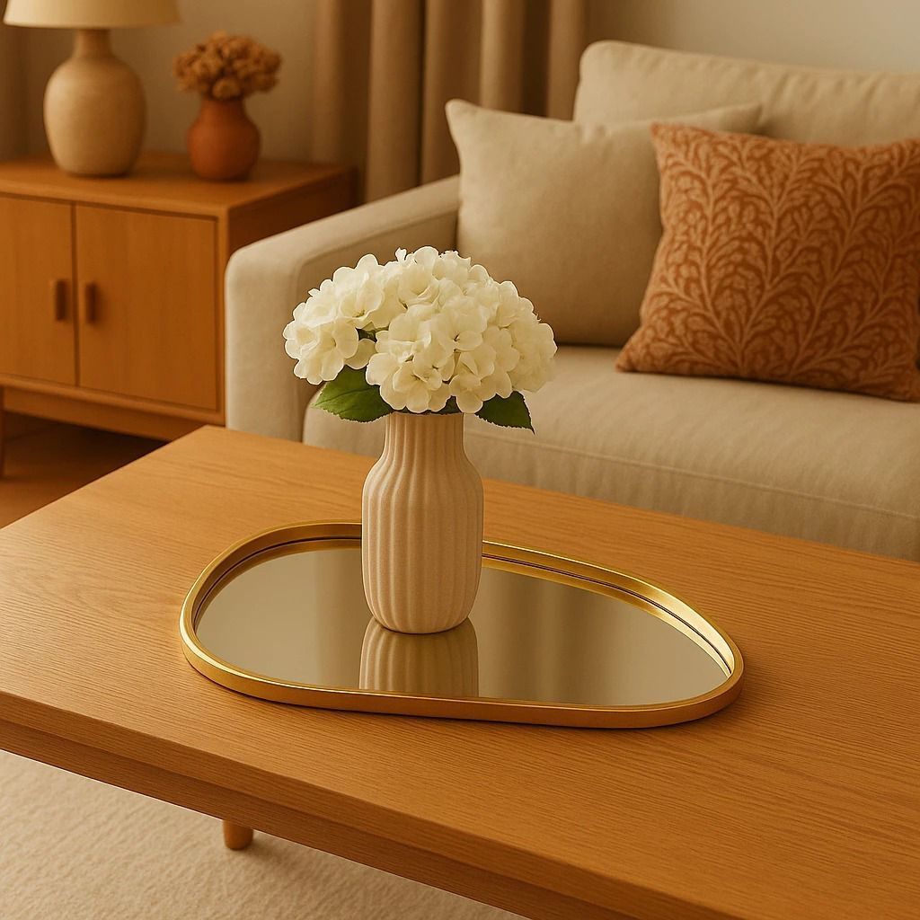 BANDEJA DECORATIVA ESPELHADA FORMATO ORGÂNICO MULTIUSO BANHEIRO LAVABO SALA PRETO DOURADO