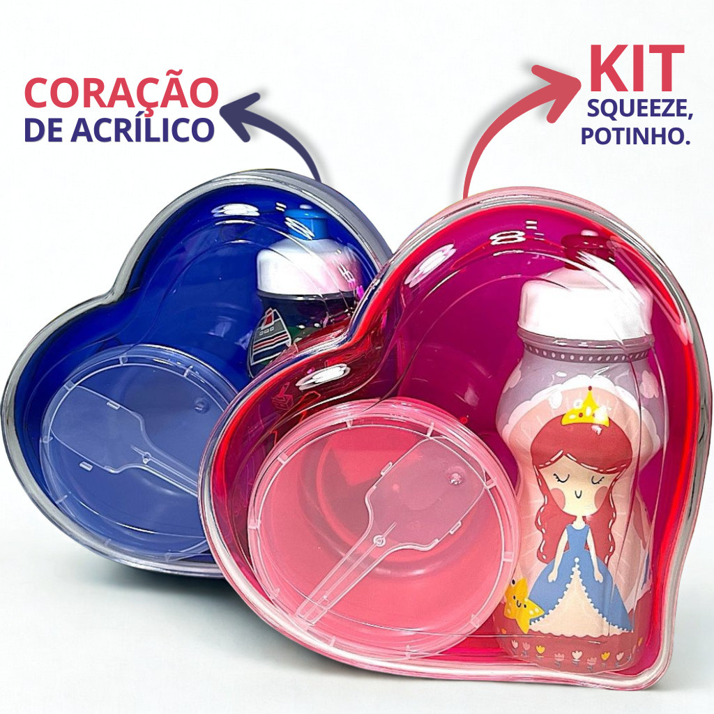 Pote Infantil Coração Acrílico garrafinha crianças escolar presente aniversario lancheira.