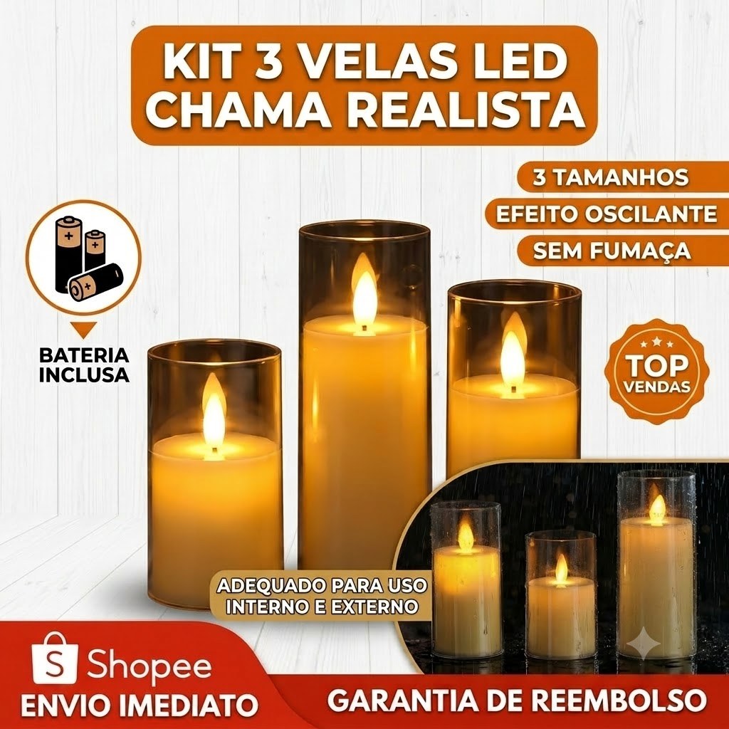 Kit 3 Velas Led Eletrônica Chama Viva Realista Cilíndrica Decoração Festa Casamento Quarto Luminária Abajur Premium