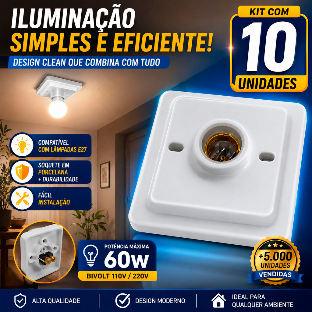 Kit 10 Plafons Quadrados E27 Soquete Porcelana OPL Casas Apartamentos E Escritórios