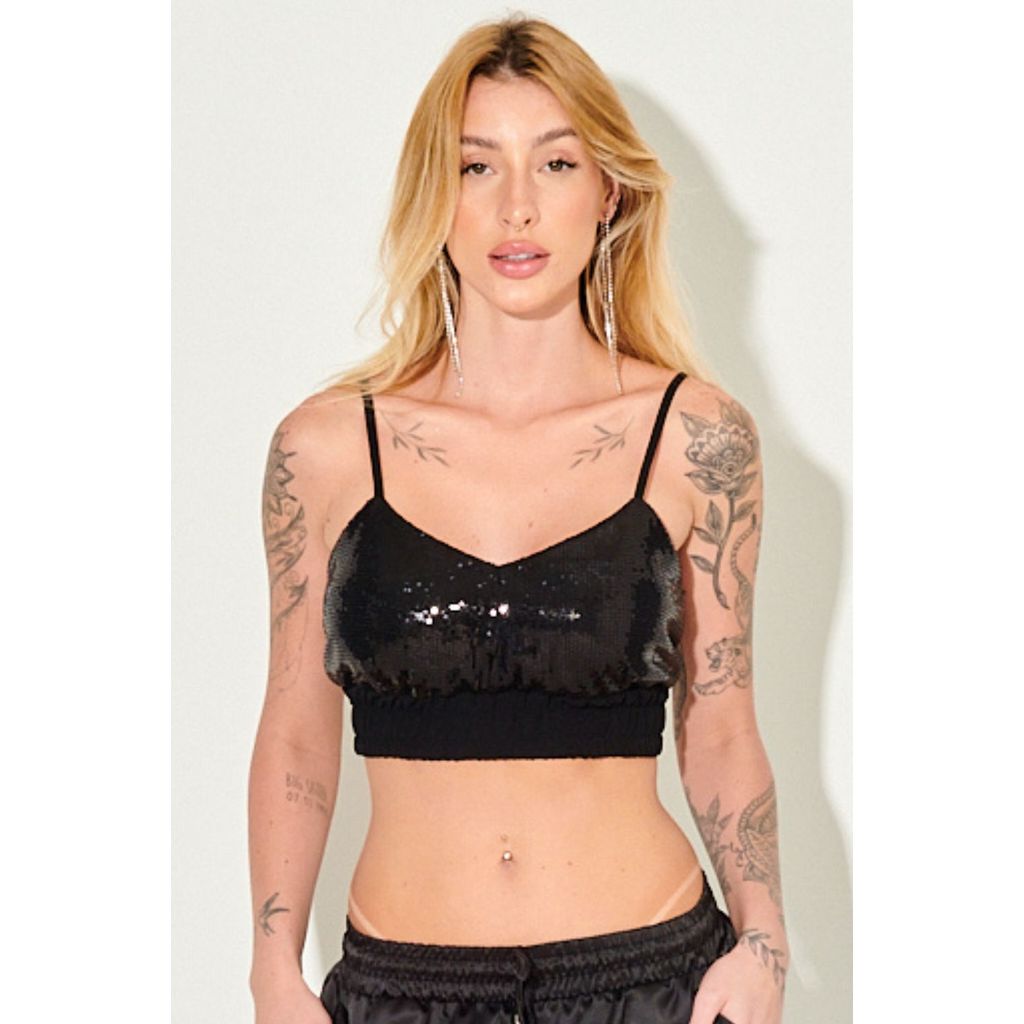 Top Paetê Ross Alcinha Fina Planet Girls Preto
