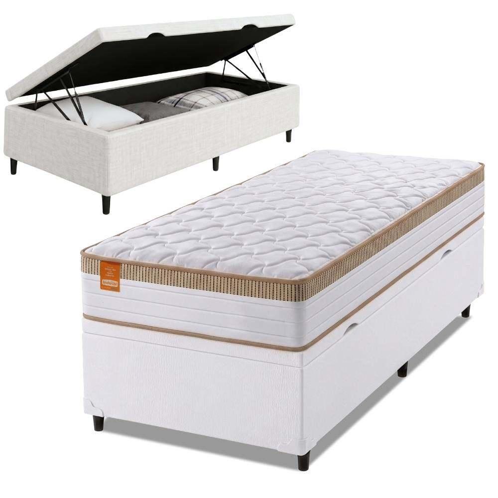 Cama Box Baú Colchão Solteiro Molas Ensacadas Real 88x188x68cm Linho Branco / Bege Inducol