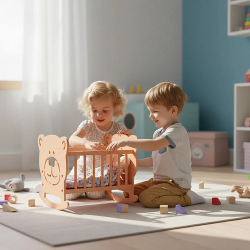 Berço Boneca UniqueBox Premium MDF Ursinho 38cm Brinquedo Bege Bercinho — imagem 2 de 2