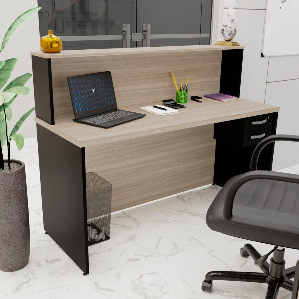 Balcão Atendimento Recepção Consultório 140x60cm com Gaveta Bege/Carvalho Carvalho
