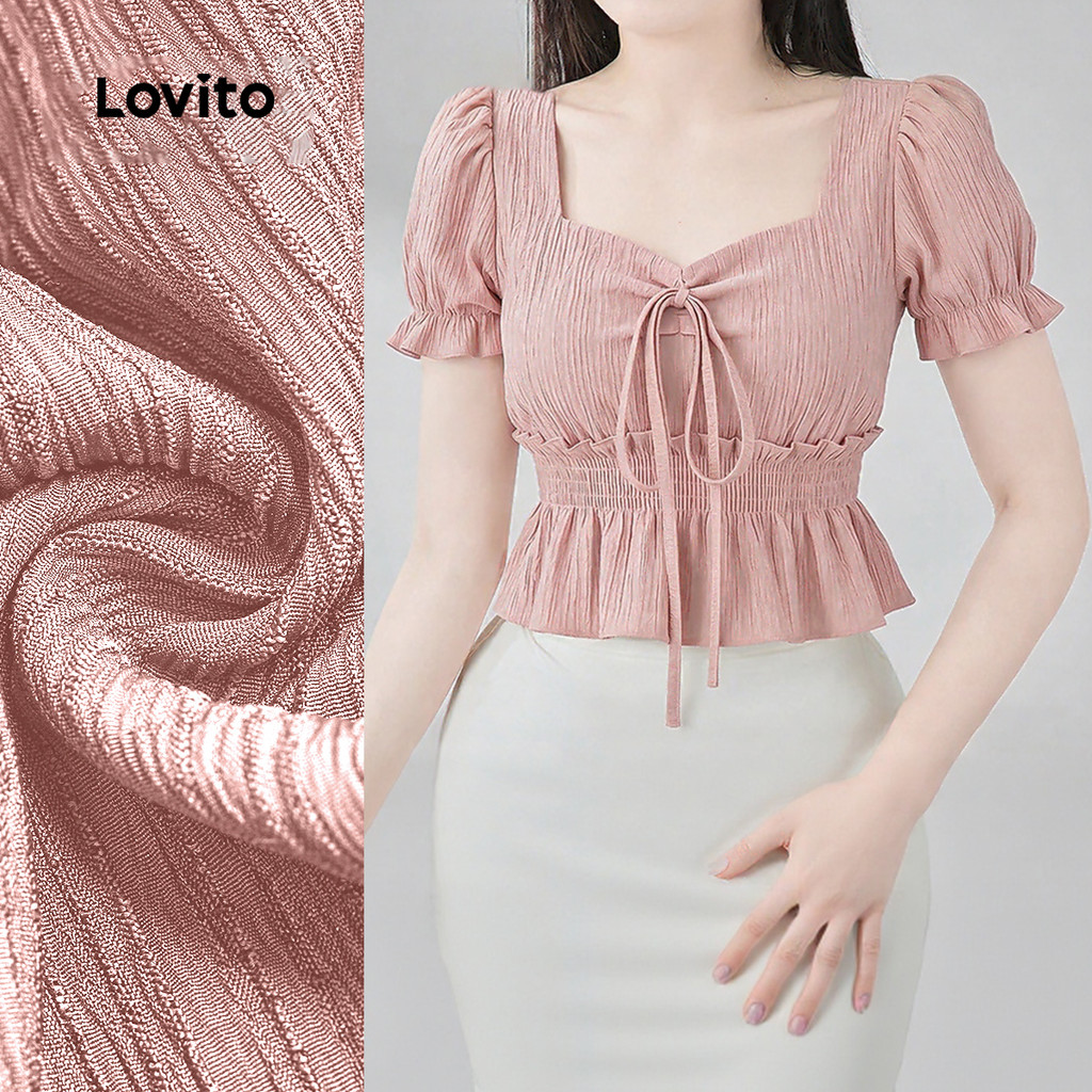 Lovito Blusa Casual Rosa De Manga Curta Com Decote Coração Laço E Babados Plissa
