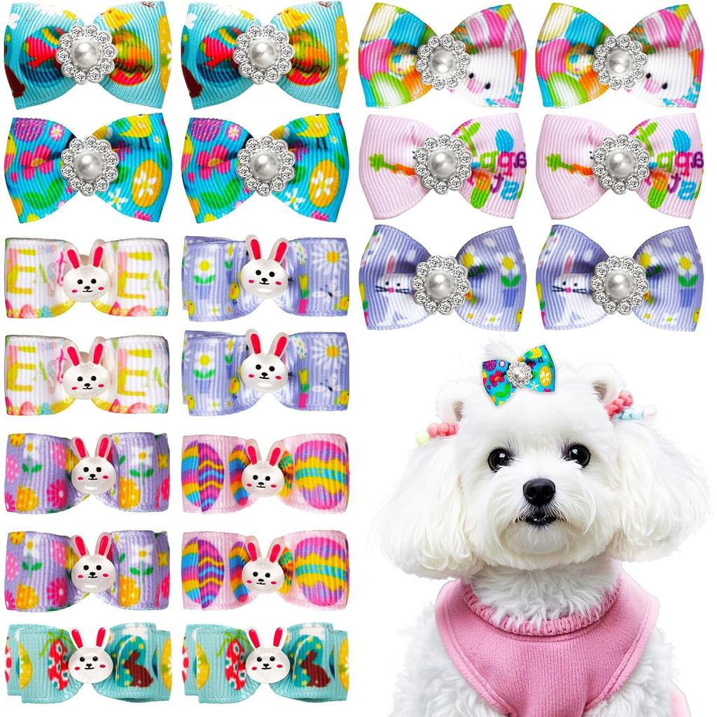 Gvhntk 20 Peças Laços de Páscoa para Cães, Ovos de Coelho, Pequenos Laços Artesanais para Cabelo de Cães com Elásticos, 