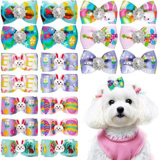 Gvhntk 20 Peças Laços de Páscoa para Cães, Ovos de Coelho, Pequenos Laços Artesanais para Cabelo de Cães com Elásticos, 