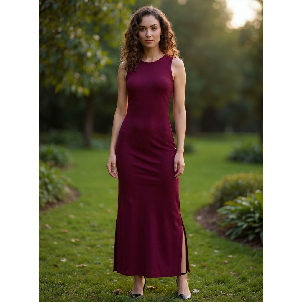 Vestido Longo Feminino Canelado Fenda Lateral Festa Casual Marsala — Promos_e_achadinhos_Nina