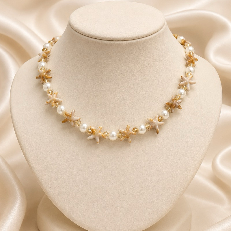 conjunto de colar e Brinco Choker Estrela, Concha Do Mar Com Pérolas Feminino Praia Elegante — imagem 2 de 2
