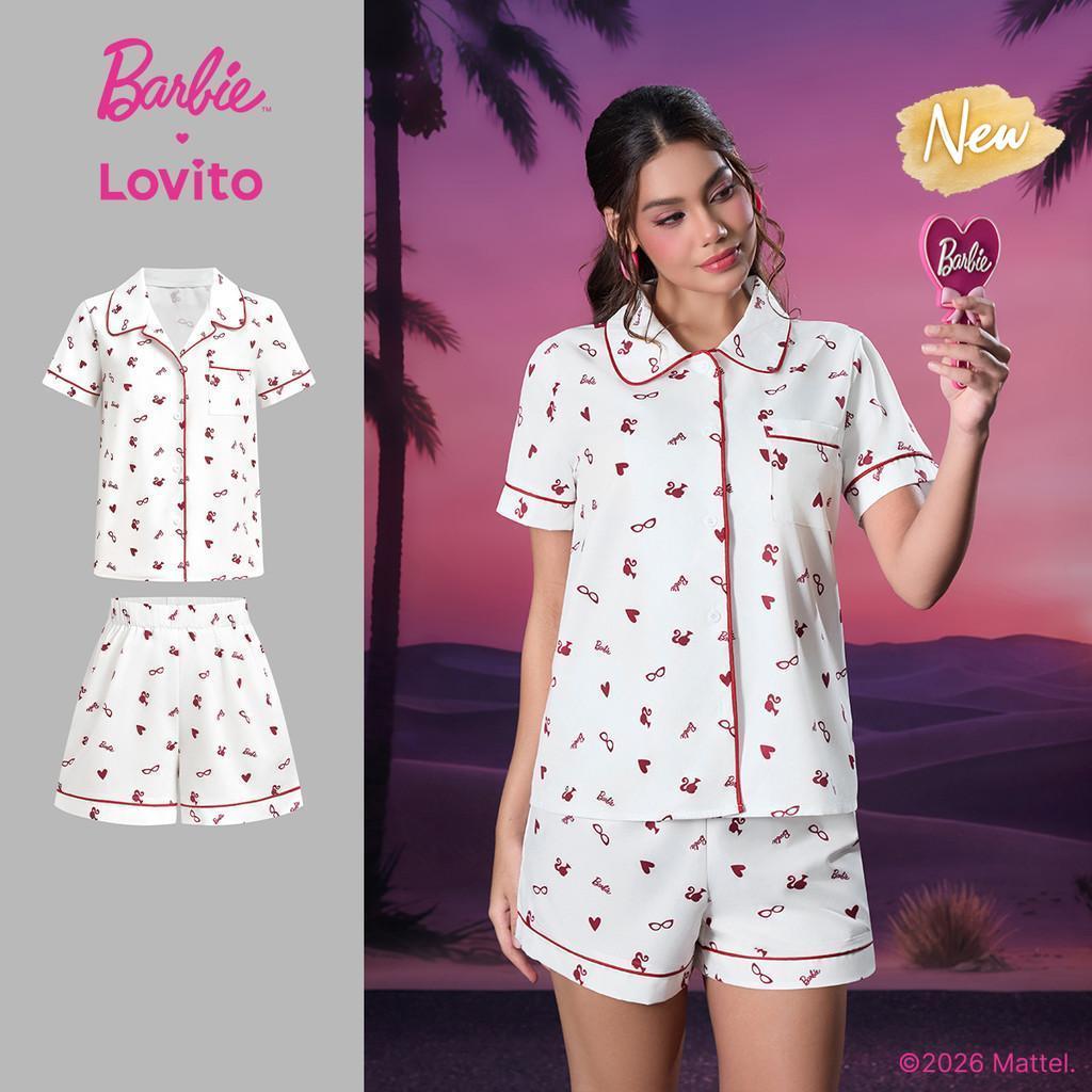 BarbieTM X Lovito Top Branco Manga Curta Gola Ponta Média Pernas Largas Botões Borda e Bolso LBL5AD053