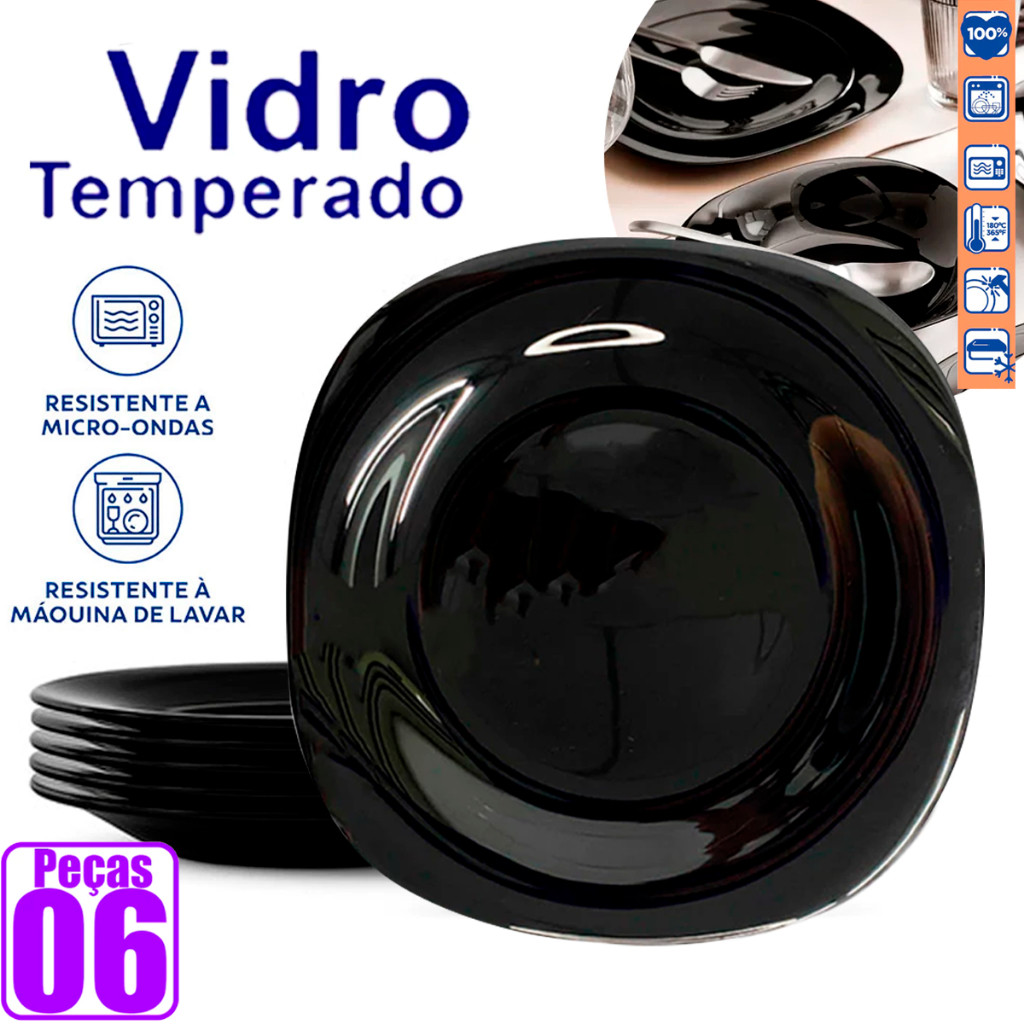 Jogo 6 Pratos de Sobremesa Pretos 20cm Opaline Vidro Temperado Liso para Cozinha Hotel Restaurante