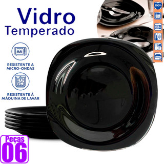 Jogo 6 Pratos de Sobremesa Pretos 20cm Opaline Vidro Temperado Liso para Cozinha Hotel Restaurante