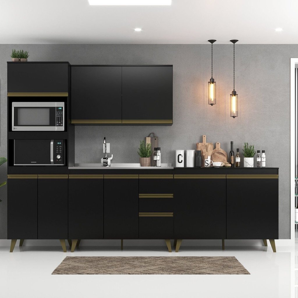 Cozinha Modulada Compacta 4 Peças 9 Portas 3 Gavetas com Torre Quente Ema Yescasa Preto 9 Portas