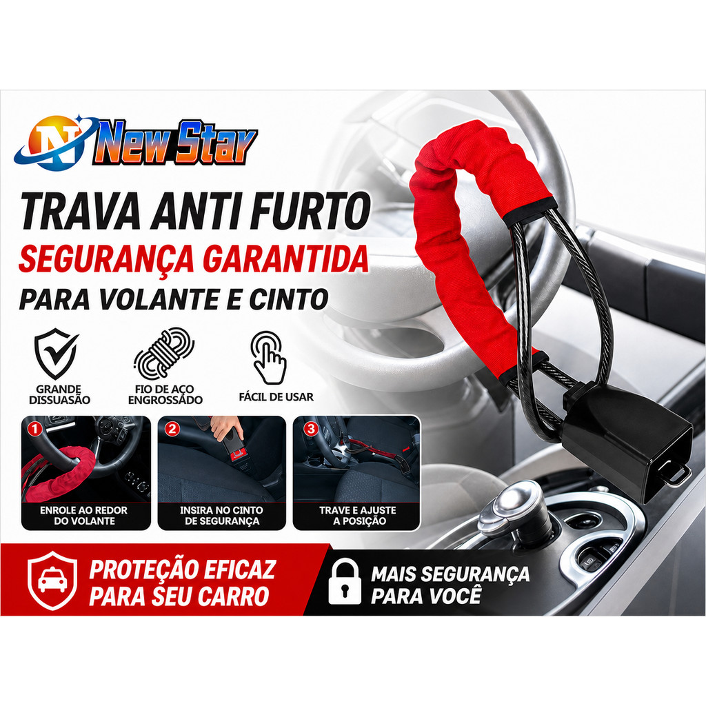New Star Trava Anti Furto Para Volante Caminhão C/ Cinto Segurança