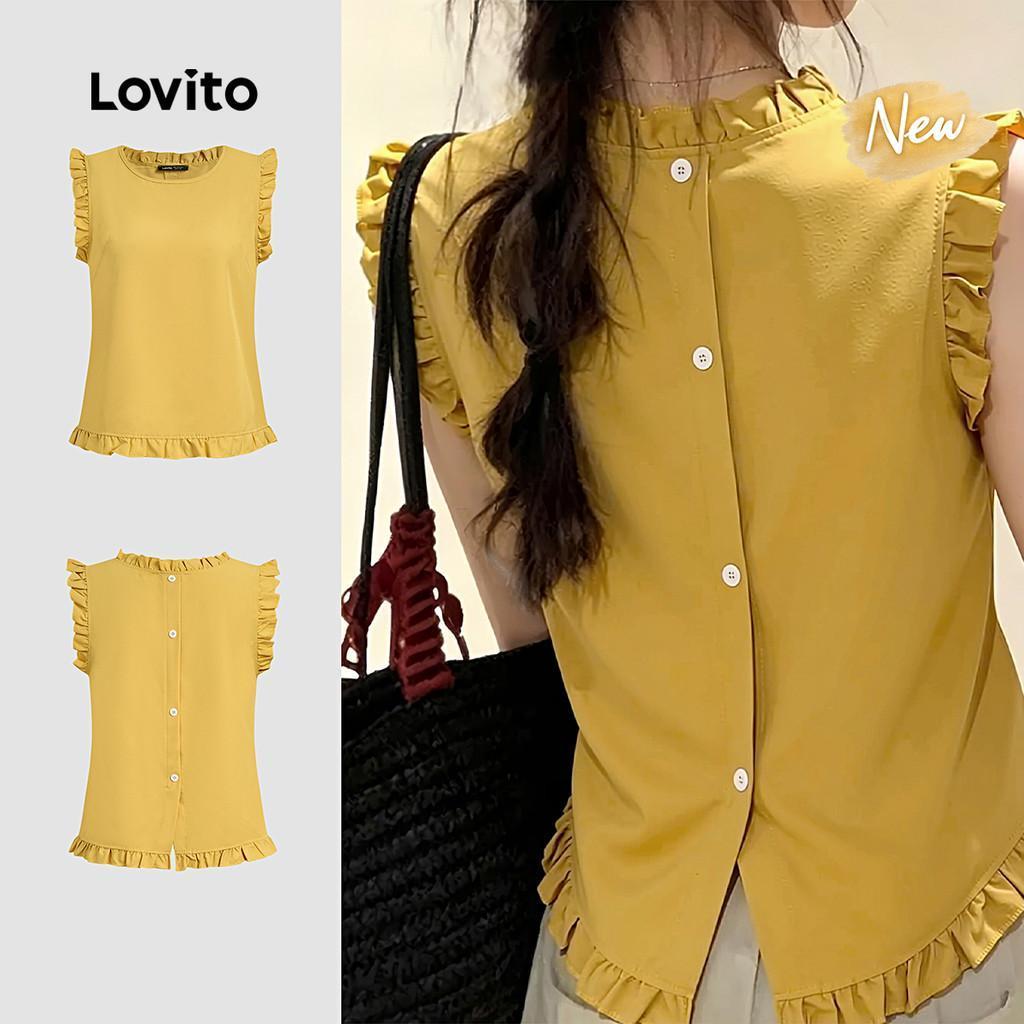 (New Arrival) Lovito Top Feminino Elegante com Babado Dividido Nas Costas Na Cor