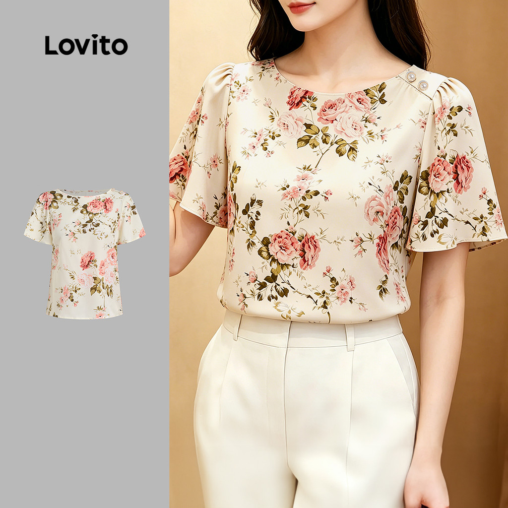 (New Arrival) Lovito Blusa Casual com Padrão de Botões e Babados Blusa Primavera