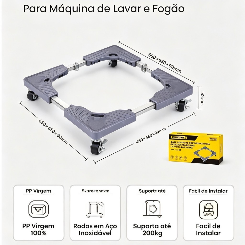 Base Universal Ajustável com Rodinhas com Trava para Máquina de Lavar Eletrodomésticos