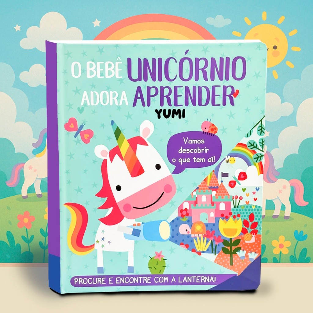 Livro-Lanterna Infantil O Bebê Unicórnio Adora Aprender Livro Mágico Interativo 