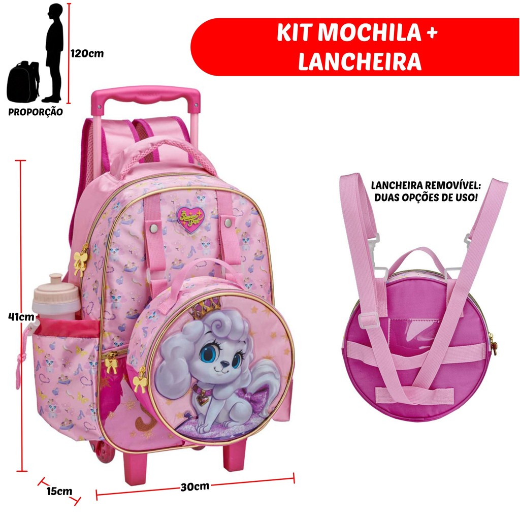 Kit Mochila Rodinha Princess Pet Sweety + Bolsa redonda Menina Feminino Leve Escolar Escola Cachorro