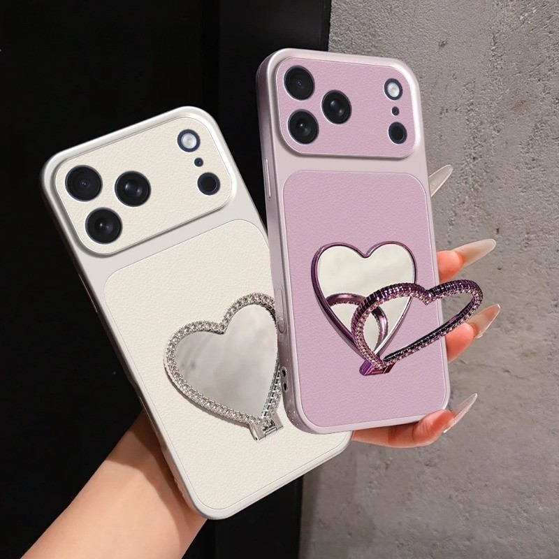 Textura De Couro Diamante Coração Espelho Suporte Capa De Telefone Para Samsung Galaxy A13 A23 A33 A53 A73 A12 A32 A52 A